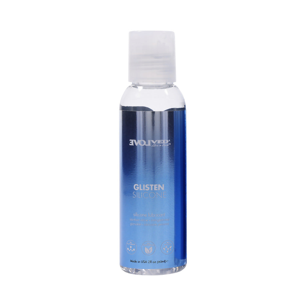Evolved Glisten Silicone Lubricant 2 oz. front view of 2 oz Evolved Glisten clear silicone lubricant bottle with blue label