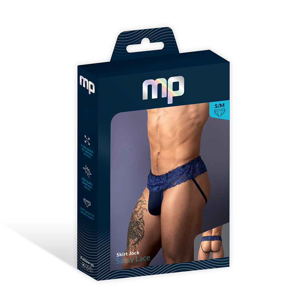Male Power Sassy Lace Skirt Jock Navy L/XL Male Power Sassy Lace Skirt Jock in navy size L/XL displayed in a navy window retail box
