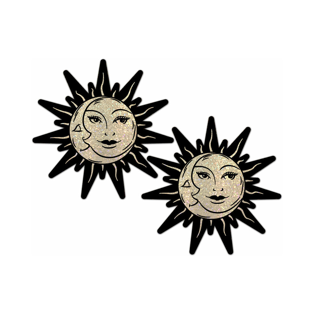 Pastease Sunburst: Sun & Moon Faces on Gold Glitter Sun Pasties Pastease gold glitter sun pasties with black rays and moon face artwork