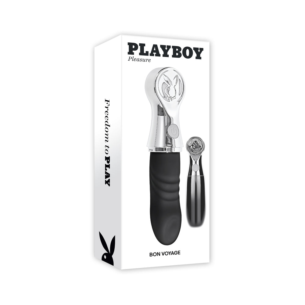 Playboy Bon Voyage Hematite/Chrome Playboy Bon Voyage Hematite Chrome vibrator beside retail box