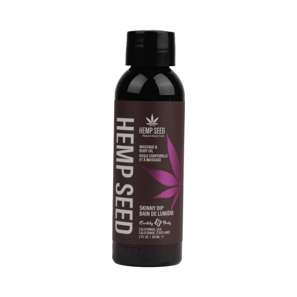 Earthly Body Hemp Seed Massage Oil Skinny Dip 2 oz. Earthly Body Skinny Dip Massage Oil black 2 oz bottle front with purple label
