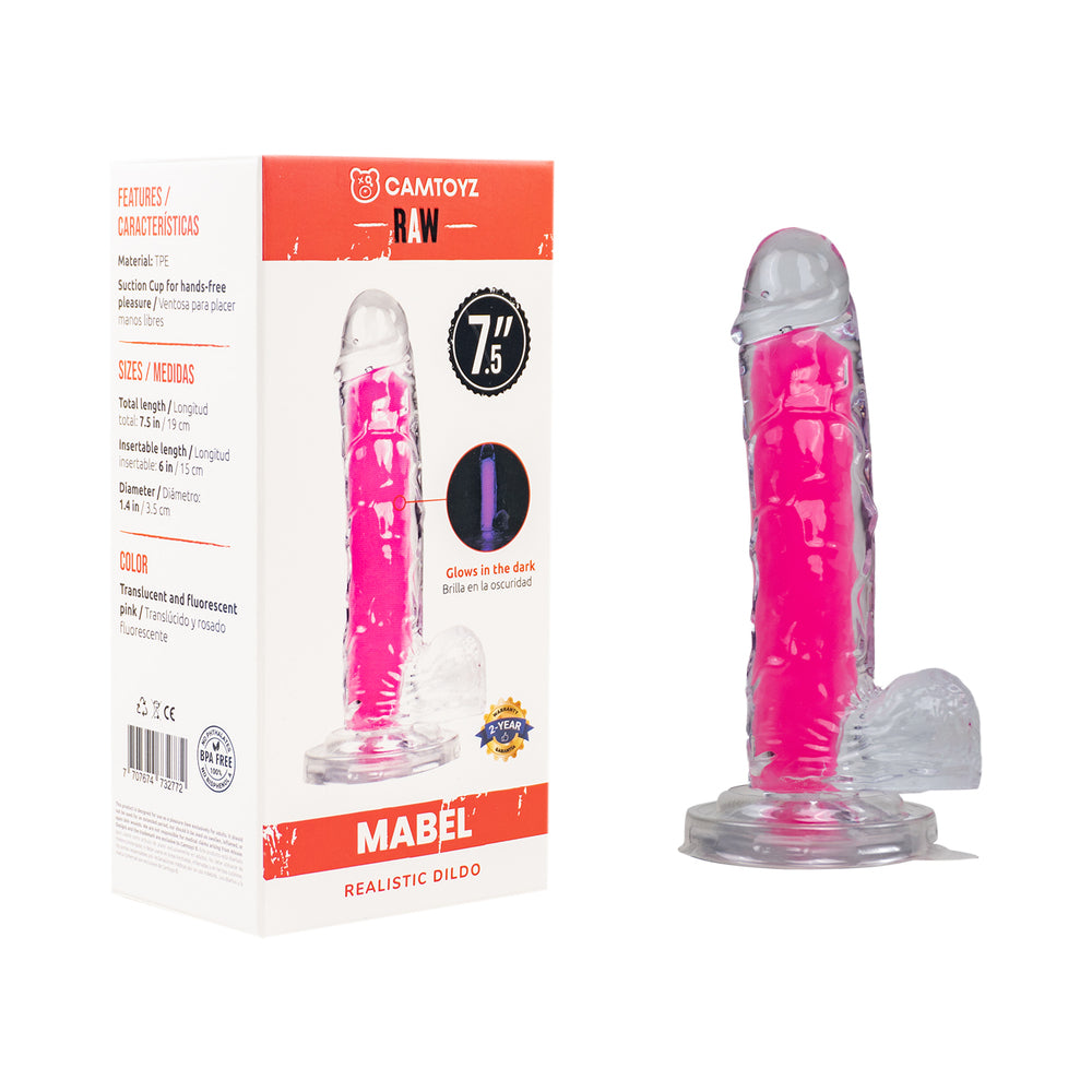 Camtoyz Raw Mabel Realistic Dildo Camtoyz Raw Mabel clear and pink 7.5-inch dildo beside white retail box