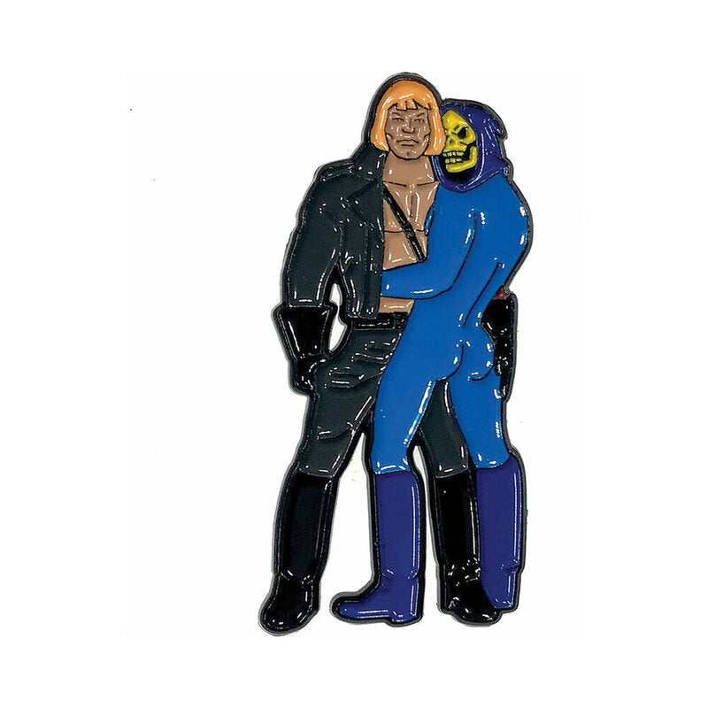 Geeky & Kinky Strongman and Skeleton Guy Enamel Pin black-clad strongman and blue skeleton-costumed character enamel pin