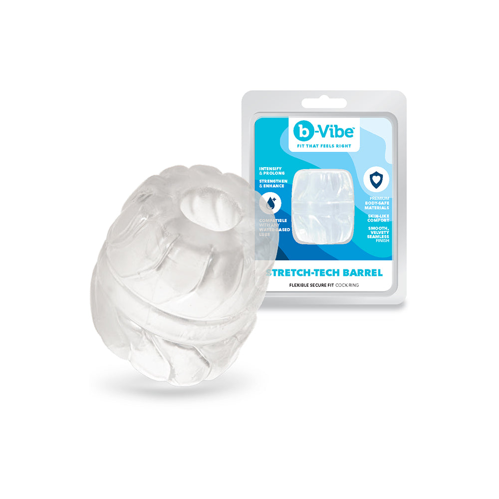 b-Vibe Stretch-Tech Barrel Ultra Stretchy C-Ring b-Vibe Stretch-Tech Barrel clear textured C-ring with retail package