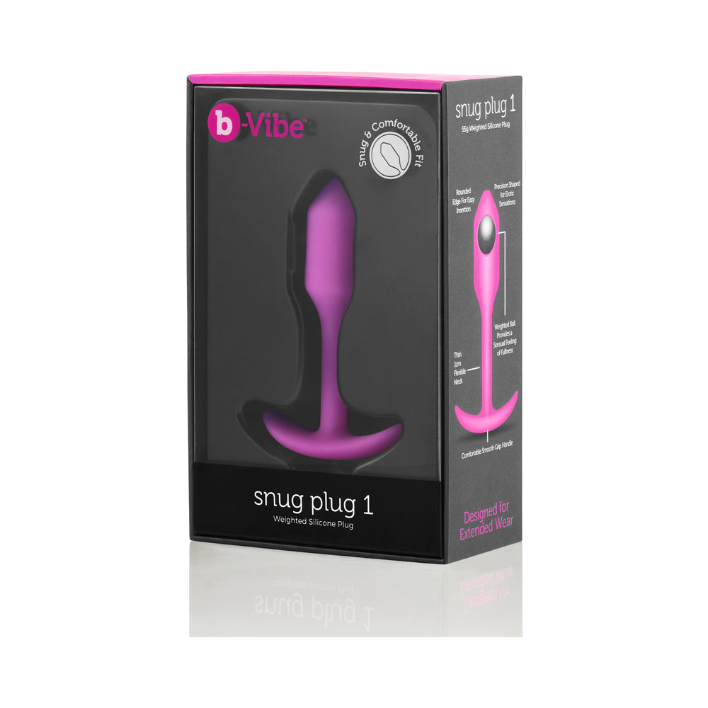 b-Vibe Snug Plug 1 Weighted Silicone Anal Plug Fuchsia Fuchsia b-Vibe Snug Plug 1 in tall black and pink retail box