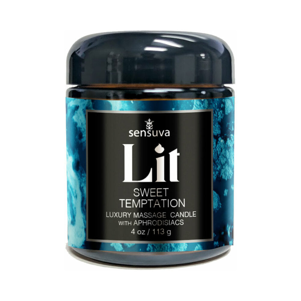 Sensuva Lit Sweet Temptation Luxury Massage Candle 4 oz. Sensuva Lit Sweet Temptation 4 oz blue massage candle in clear jar