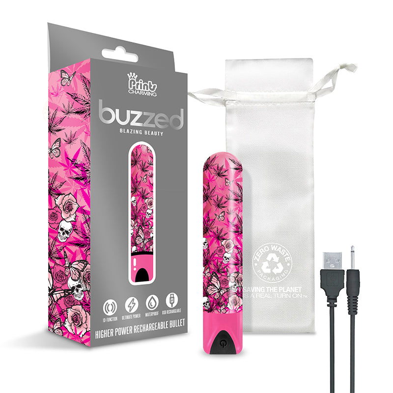 Prints Charming Buzzed Rechargeable Bullet - Blazing Beauty - Pink Buzzed Blazing Beauty bullet with gray box, pouch and charging cable