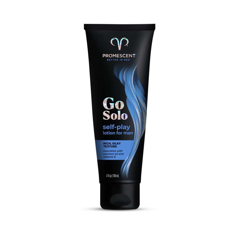 Promescent Go Solo Self-Play Lotion 4 oz. Front view of Promescent Go Solo 4 oz black lotion tube