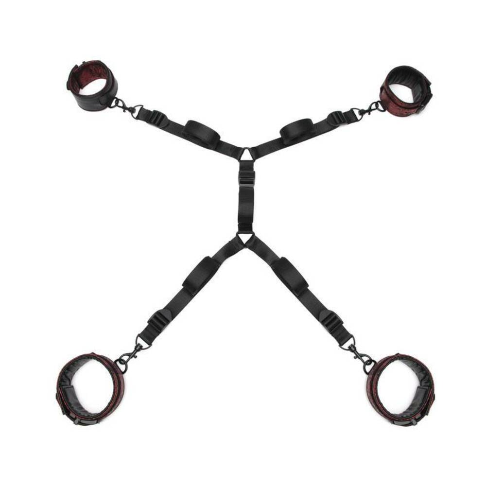Fifty Shades of Grey Sweet Anticipation Reversible Under Mattress Restraint Set Red/Black Sweet Anticipation four-cuff restraint layout with under-mattress straps