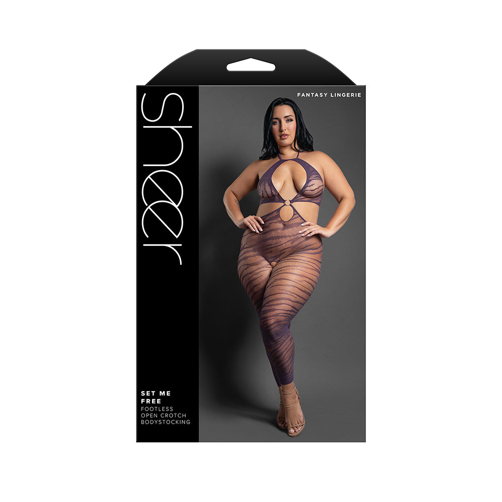 Fantasy Lingerie Sheer Set Me Free Footless Open-Crotch Halter Bodystocking Dark Purple Queen Size Fantasy Lingerie Sheer Set Me Free dark purple bodystocking Queen retail box