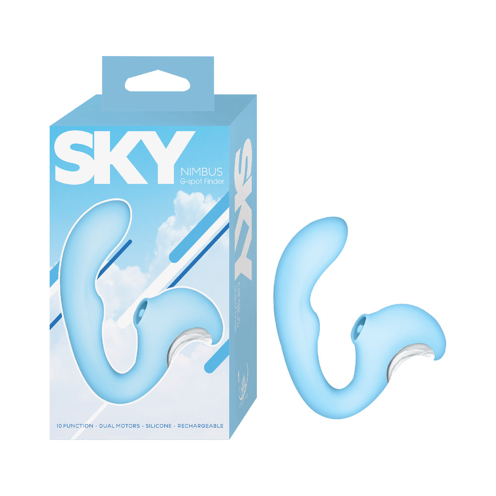 Sky Nimbus G-Spot Finder Blue Nasstoys Sky Nimbus blue vibrator beside retail box