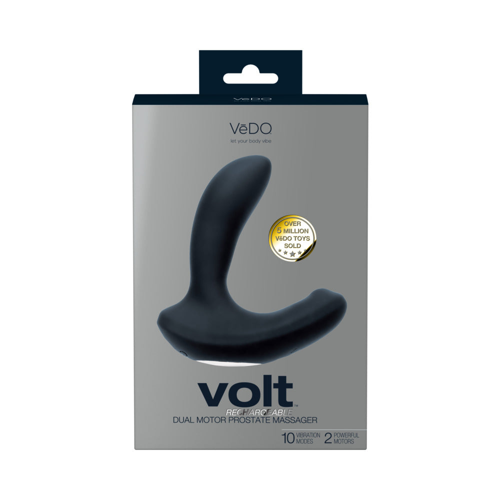 VeDO Volt Rechargeable Prostate Vibe Black black curved VeDO Volt prostate vibrator with broad base inside a gray retail box