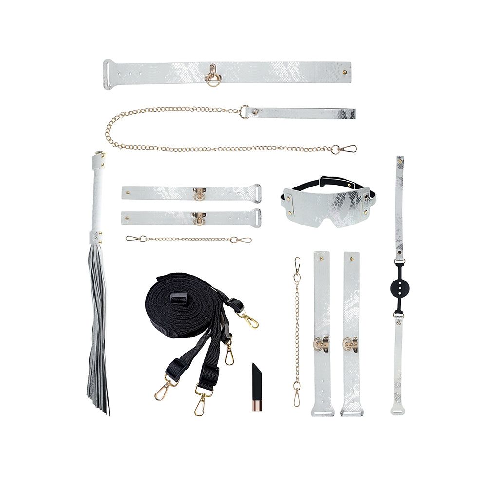 Ouch! International Florence Collection Kit with Bag White white and silver snakeskin Florence restraint pieces arranged together