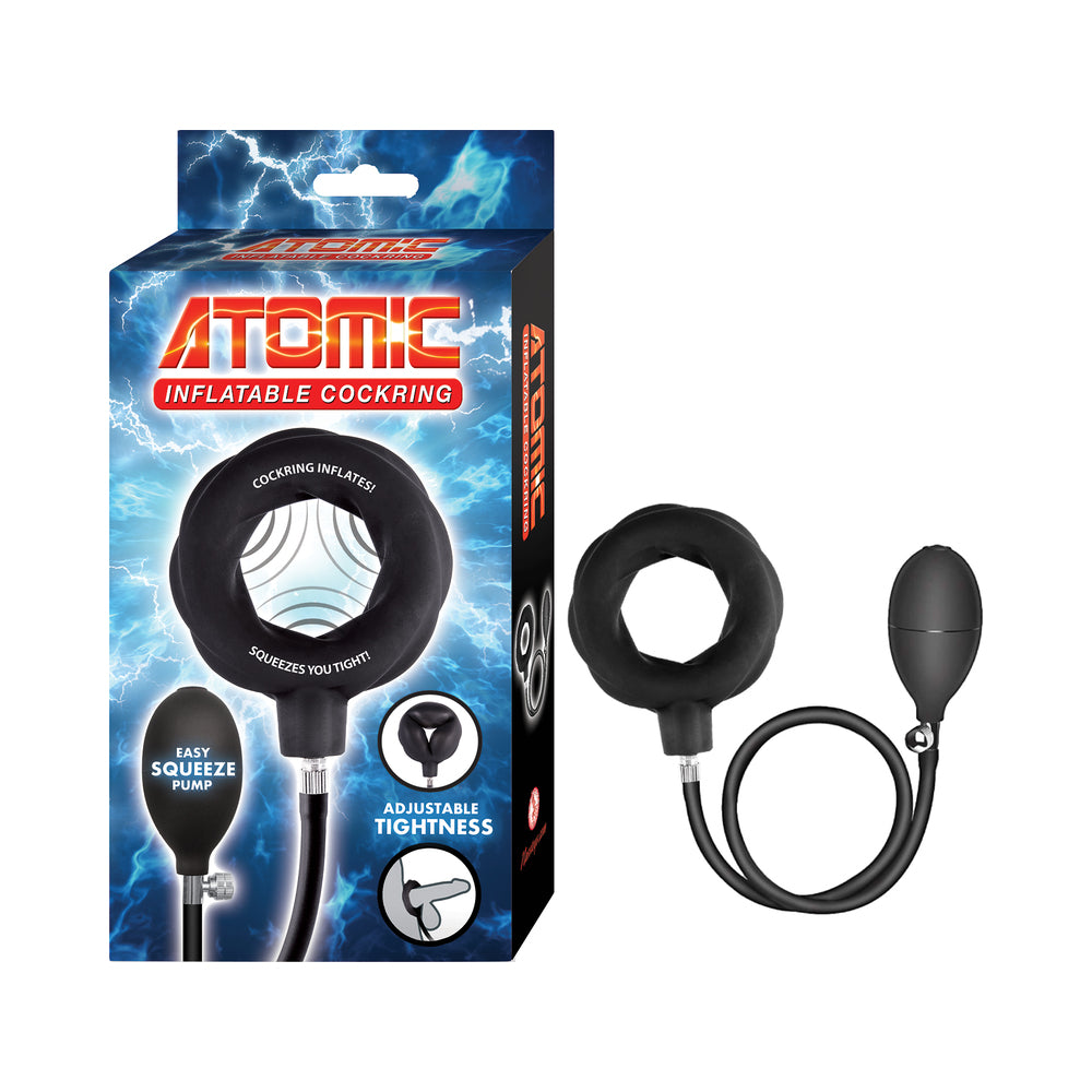 Atomic Inflatable Cockring Black Nasstoys Atomic black inflatable cock ring beside the blue retail box with connected squeeze-bulb pump