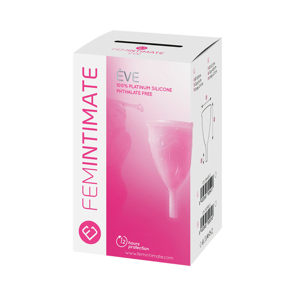 FEMINTIMATE Eve Menstrual Cup Size L FEMINTIMATE Eve menstrual cup size L light-pink cup pictured on white and pink carton
