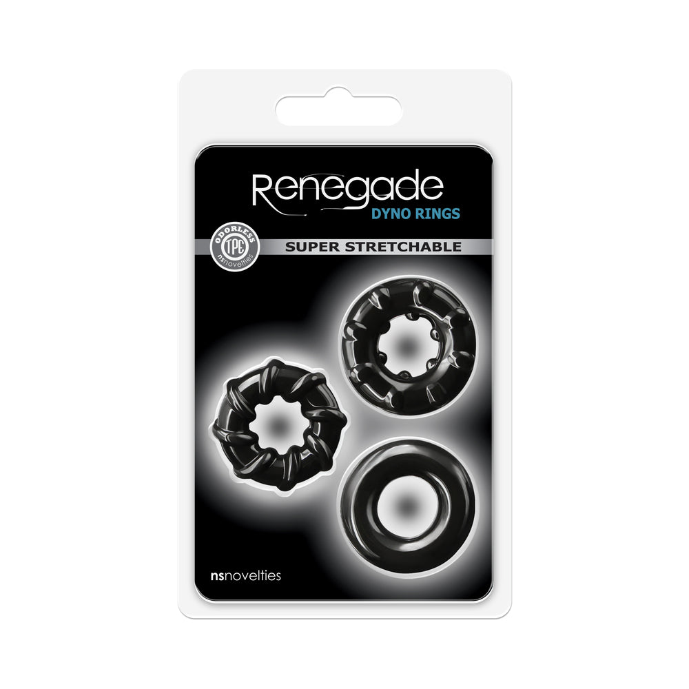Renegade Dyno Rings 3-Pack Black Renegade black Dyno Rings 3-pack black card package with three distinct ring profiles
