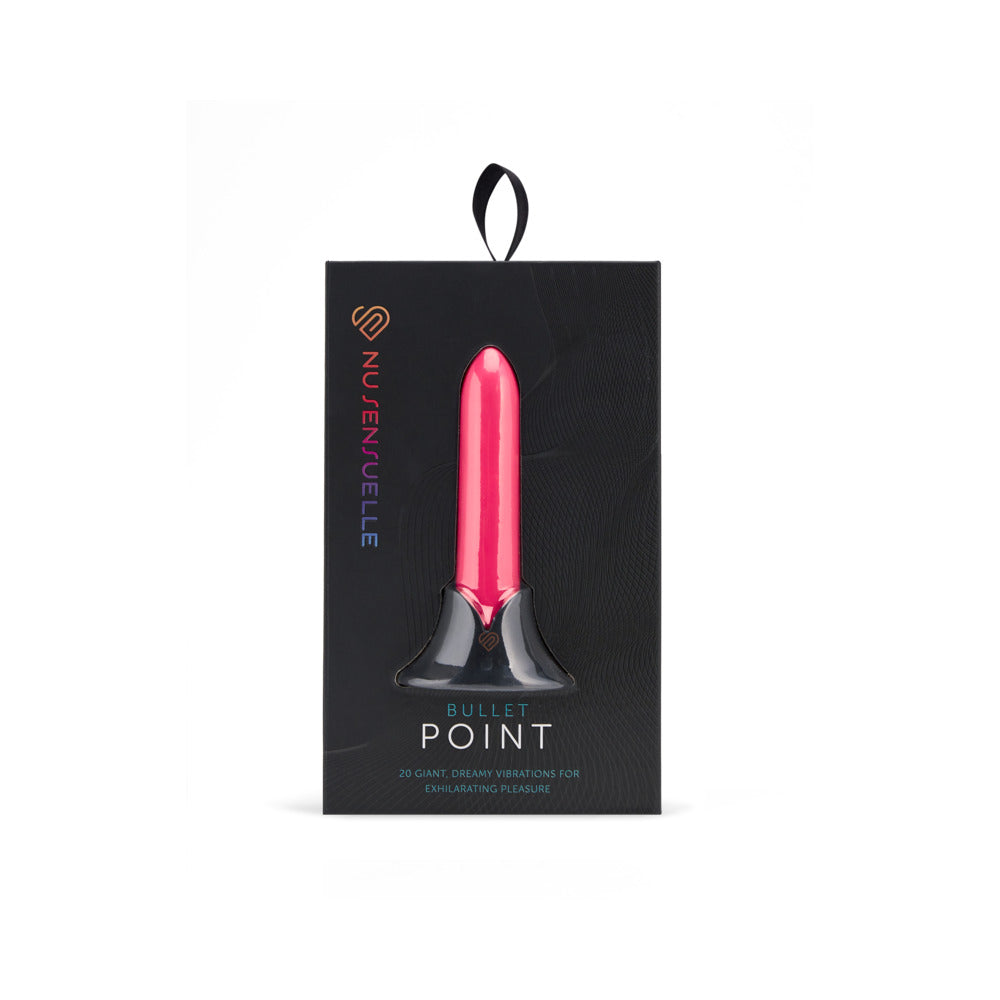 Nu Sensuelle Point Bullet Pink Nu Sensuelle Point pink bullet vibrator displayed in a black window box
