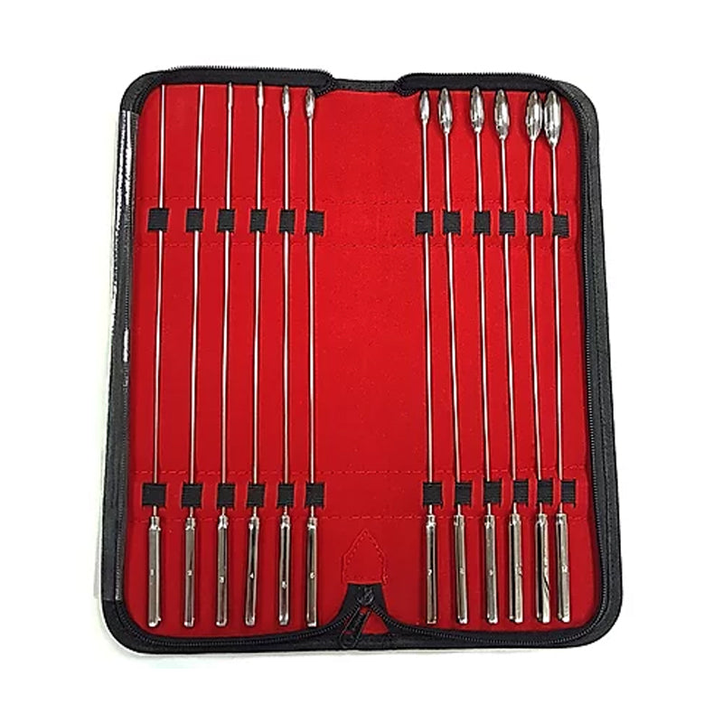 Stainless Steel 12-Piece Rosebud Dilator Set Twelve stainless steel rosebud dilators in red-lined black case