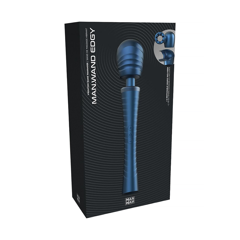 MAN WAN Edgy Stellar Blue Blue MAN WAN Edgy wand massager displayed on black striped retail box
