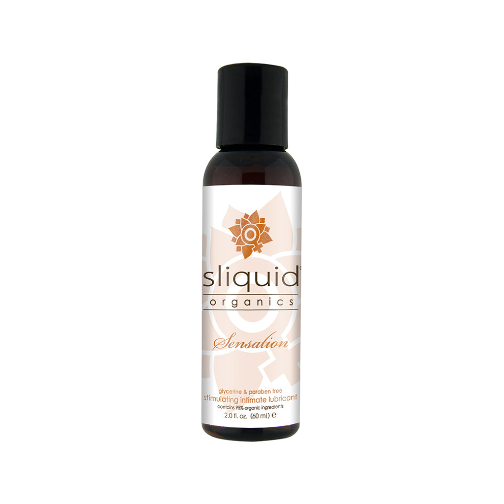 Sliquid Organics Sensation Warming Lubricant 2oz Sliquid Organics Sensation 2 oz slim dark bottle with black cap and gold emblem
