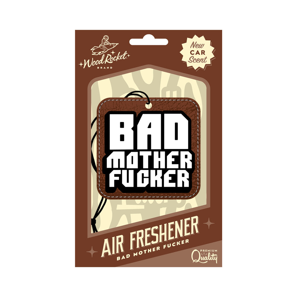 Wood Rocket Air Freshener Bad Mother Fucker Wood Rocket Bad Mother Fucker new-car air freshener front retail card with brown suitcase graphic
