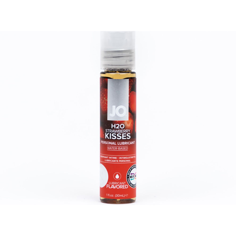 JO H2O Strawberry Kisses Flavored Water-Based Lubricant 1 oz. Front view of 1 oz JO H2O Strawberry Kisses bottle with silver cap and red label
