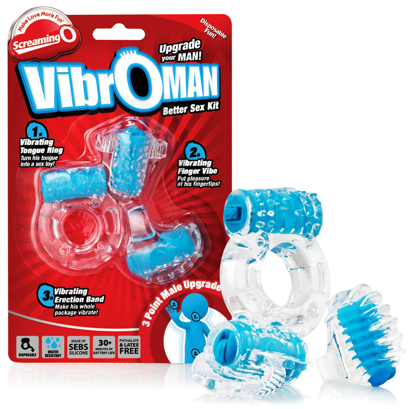 Screaming O VibrOMan Blue Screaming O VibrOMan Blue Kit red retail card with blue and clear accessories