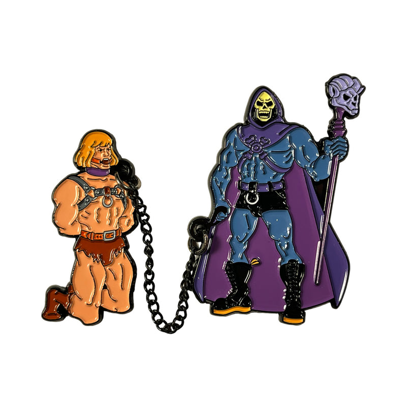 Geeky & Kinky Strong Love Enamel Pin Strong Love pins with kneeling orange figure chained to purple armored figure