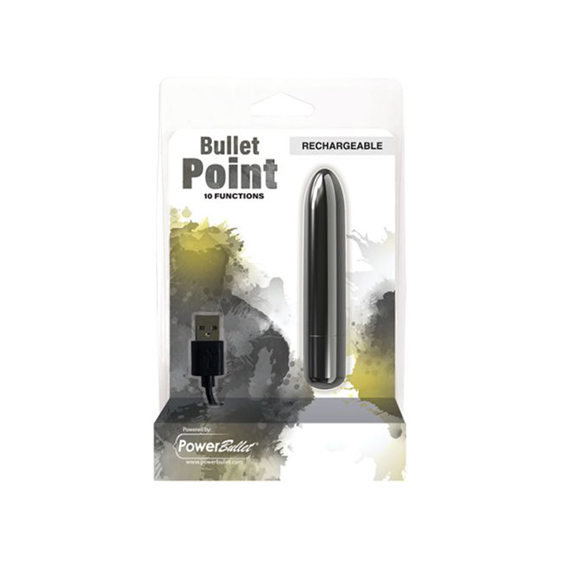 Power Bullet Point Rechargeable - Black Black Power Bullet Point vibrator and USB cable in retail package