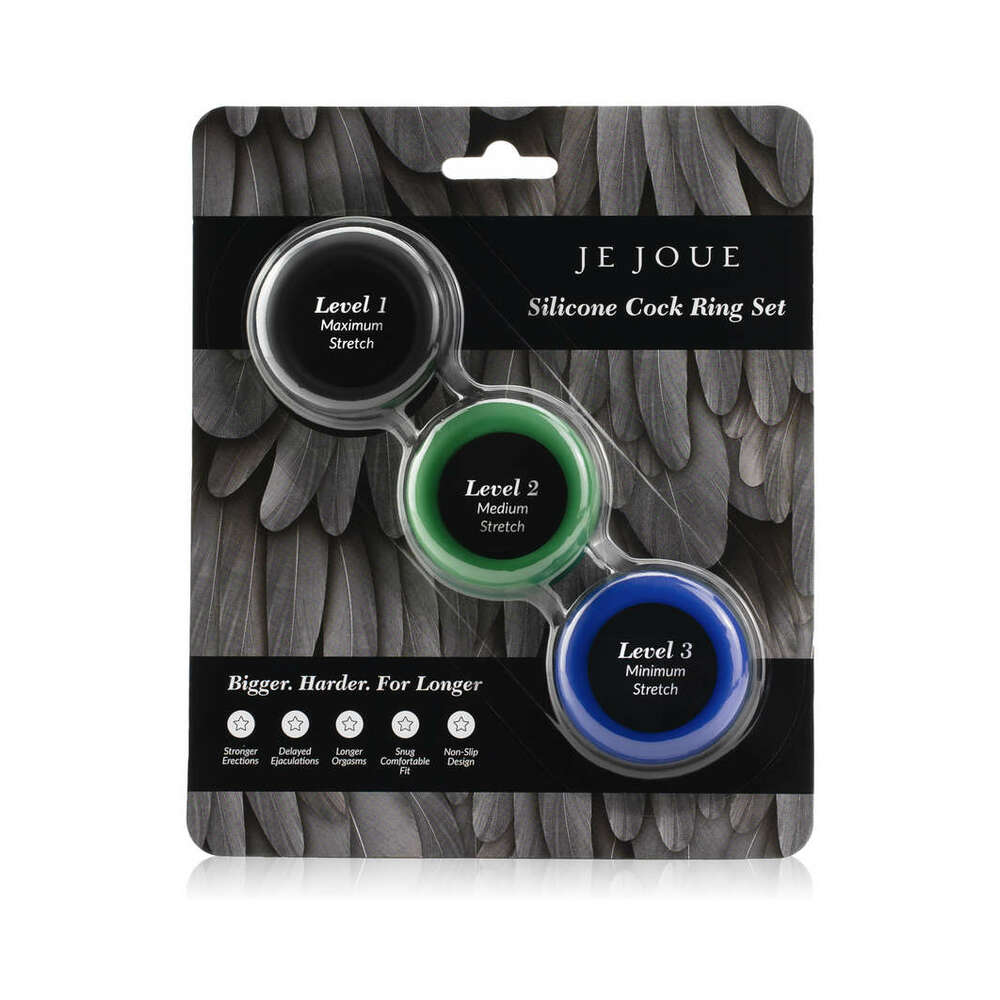 Je Joue Silicone Cock Ring 3-Piece Set Black/Green/Blue Front package view of Je Joue three-piece cock ring set
