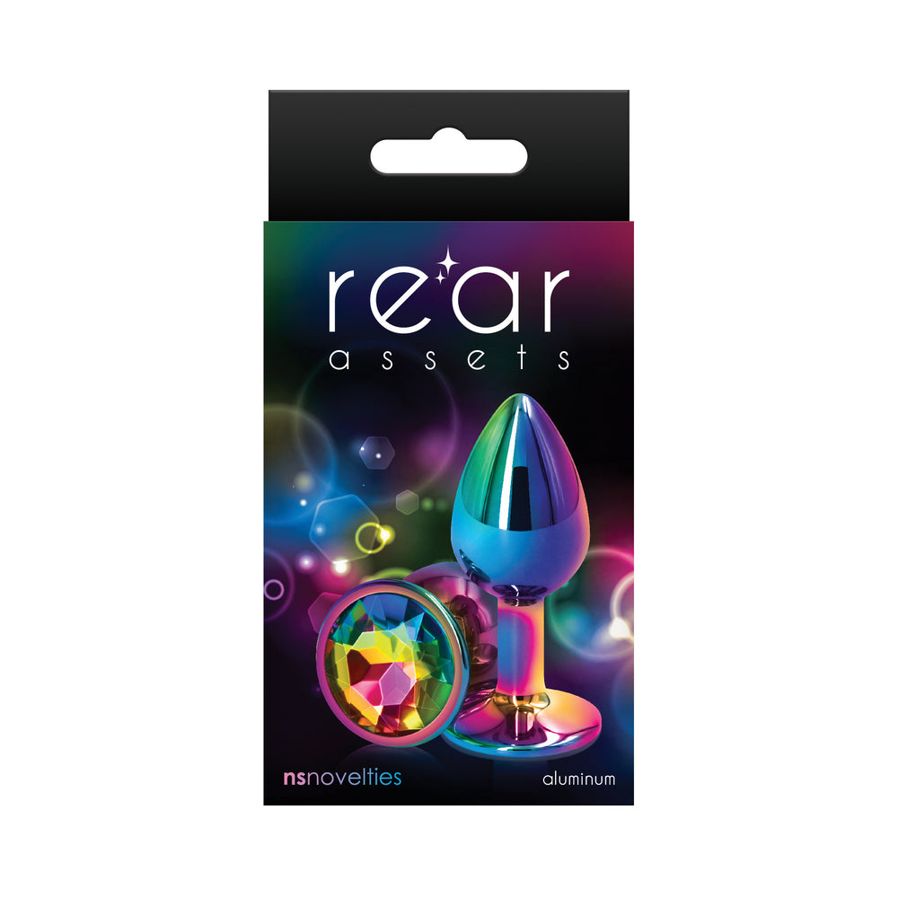 Rear Assets Metal Anal Plug Small Multicolor/Rainbow Rear Assets Small rainbow gem metal plug in black retail box