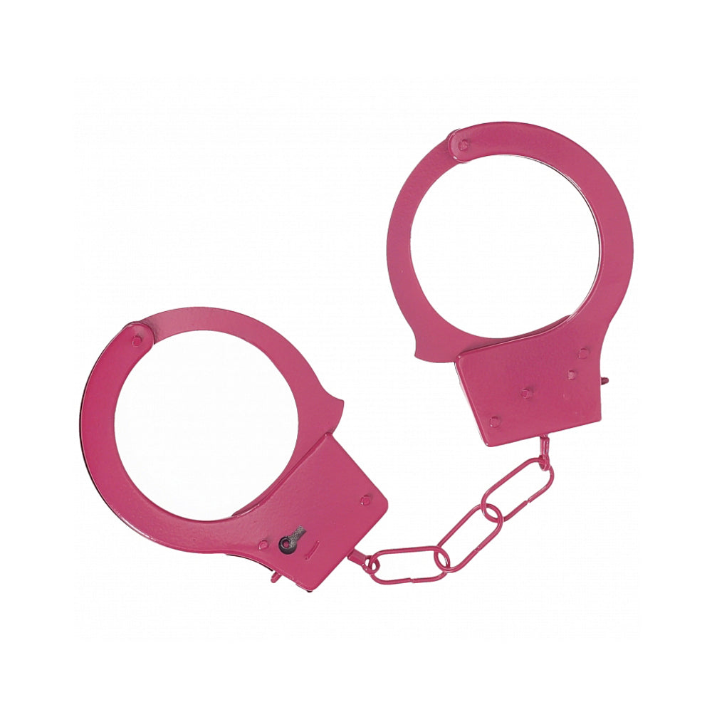 Ouch! Classic Metal Handcuffs Pink Ouch Classic pink iron handcuffs with round arms and purple-tone chain