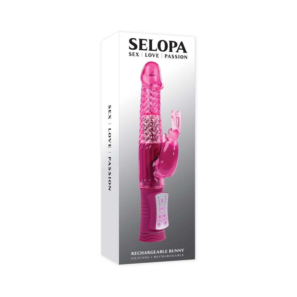 Selopa Rehargeable Bunny Rechargeable Vibe Pink Selopa Rechargeable Bunny retail box with transparent pink vibrator
