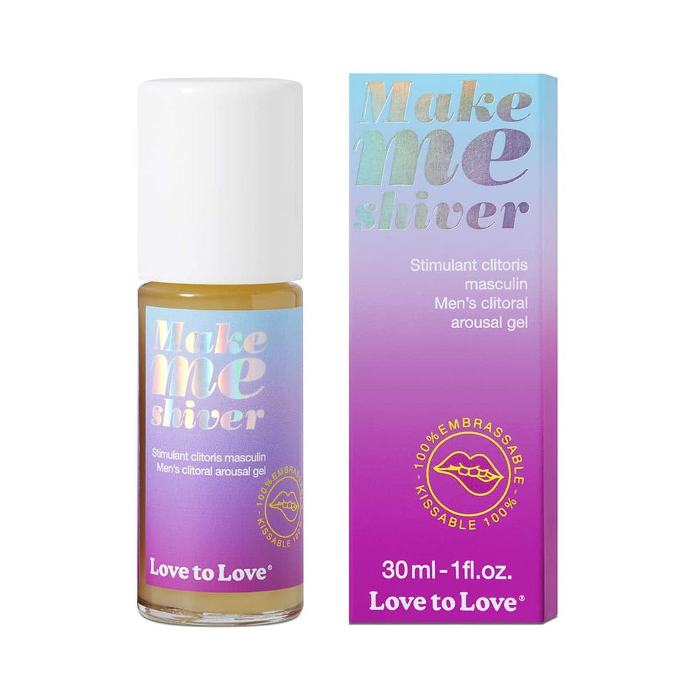 Love to Love Make Me Shiver Frenulum Stimulating Serum 1 oz. Make Me Shiver one-ounce roll-on serum beside blue gradient box