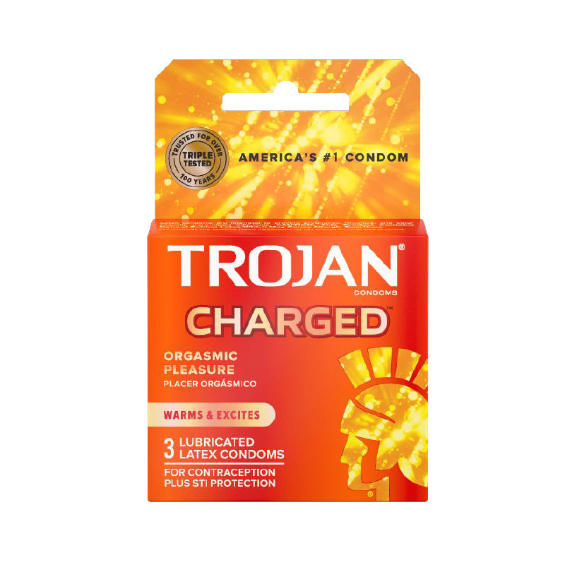 Trojan Charged w/Intensified Lubricant Condoms (3 pack) Trojan Charged 3 Pack orange condom carton with yellow burst graphics