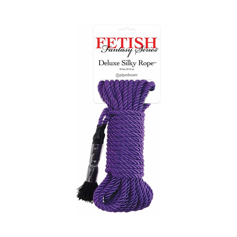 Fetish Fantasy Series Deluxe Silk Rope 9.75 m / 32 ft. Purple Fetish Fantasy Purple Cotton Rope coiled rope with white hanging card and black tassel