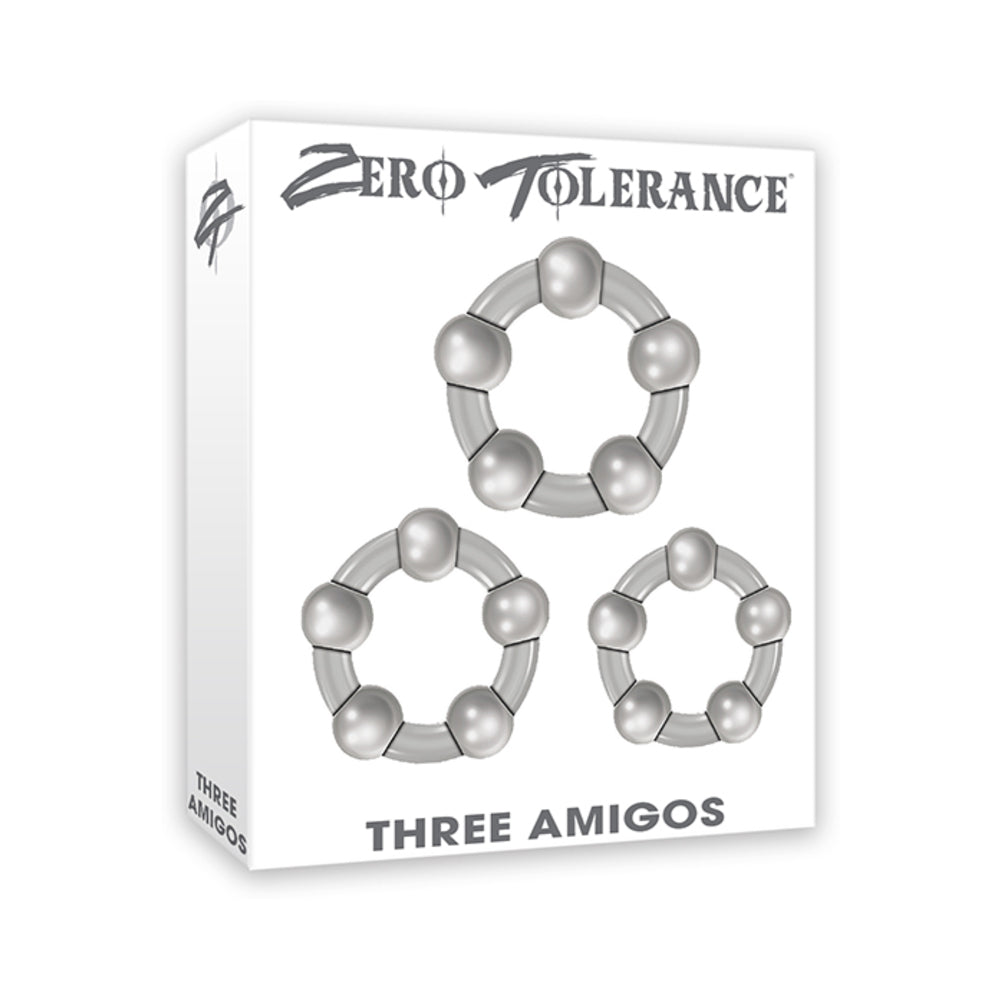 Zero Tolerance Three Amigos 3-Piece Cockring Set Clear Zero Tolerance Three Amigos beaded ring set white retail box with three graduated beaded rings pictured