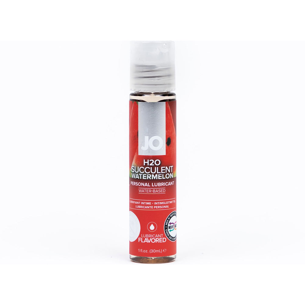 JO H2O Succulent Watermelon Flavored Water-Based Lubricant 1 oz. Front view of 1 oz JO H2O Succulent Watermelon bottle with silver cap and red label