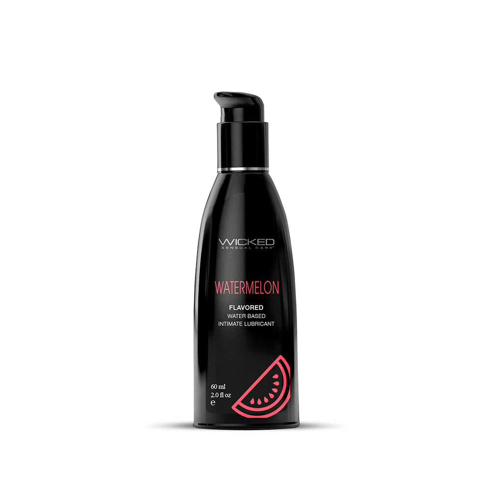Wicked Aqua Watermelon Water-Based Lubricant 2 oz. Front of black 2 oz Wicked Aqua Watermelon pump bottle with pink melon graphic
