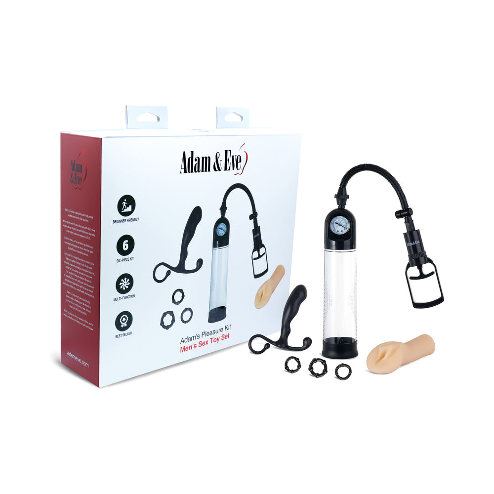 Adam & Eve Adam''s Pleasure Kit For Him Adam & Eve Adam's Pleasure Kit for Him complete set arranged beside retail box
