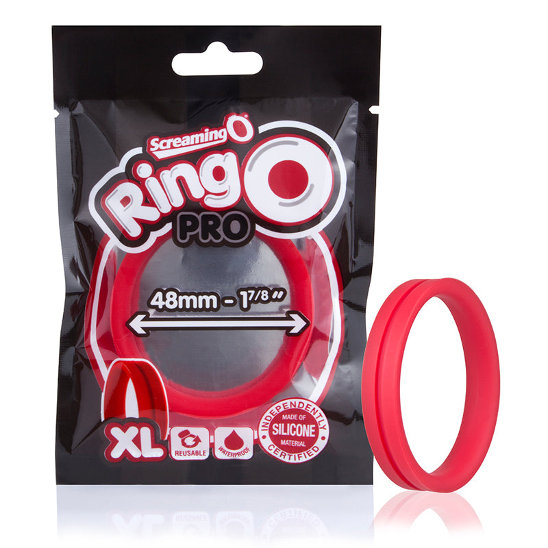 Screaming O RingO Pro XL Red RingO Pro XL Red 48 mm silicone ring beside black retail pouch
