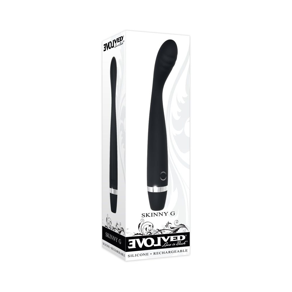 Evolved Skinny G Rechargeable Silicone Sli mline G-Spot Vibrator Black Black Evolved Skinny G vibrator beside white retail box