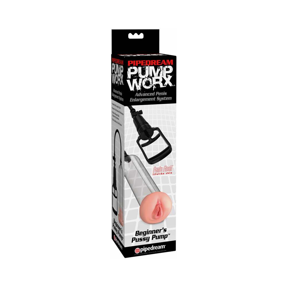 Pump Worx Beginner''s Pussy Pump Beige/Clear Pump Worx Beginner's Cylinder Pump black retail box with clear cylinder pump graphic