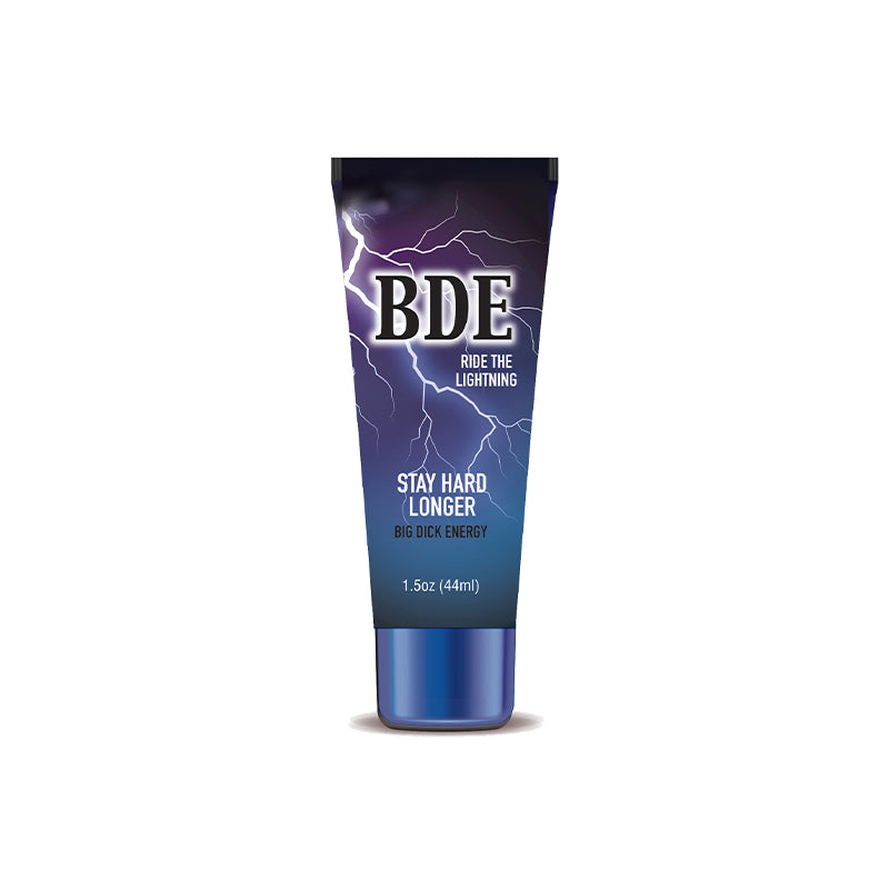 BDE Stay Hard Longer Dark BDE cream tube with blue cap lightning and blue text panel
