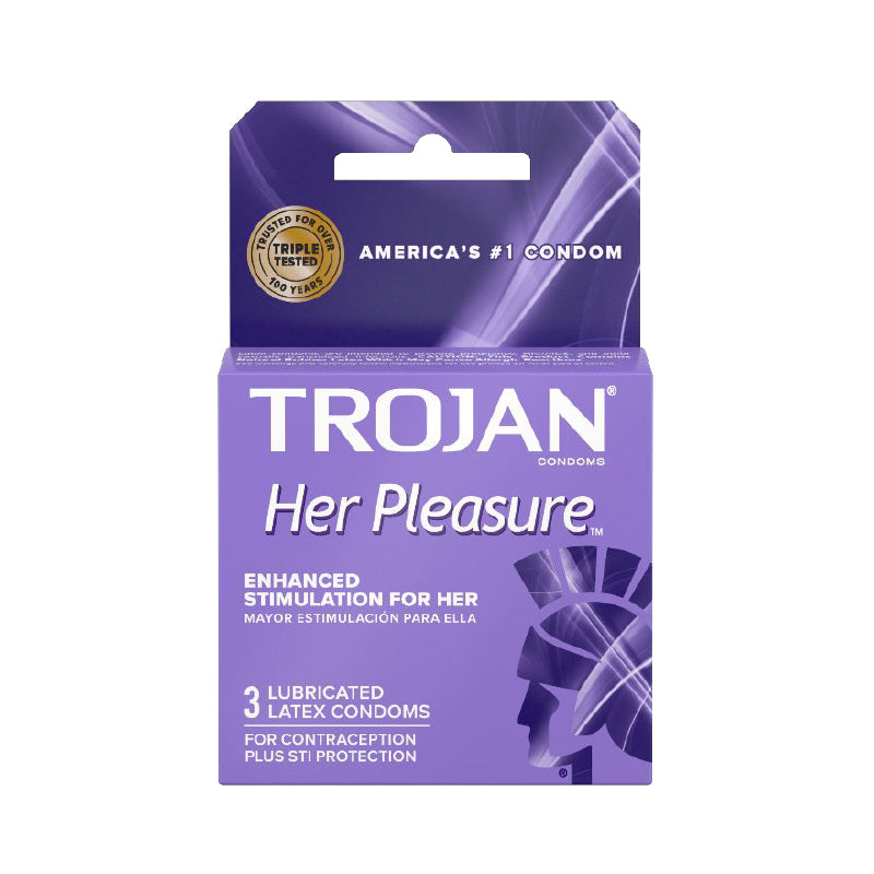 Trojan Her Pleasure Condoms Trojan Her Pleasure purple box with three lubricated latex condoms