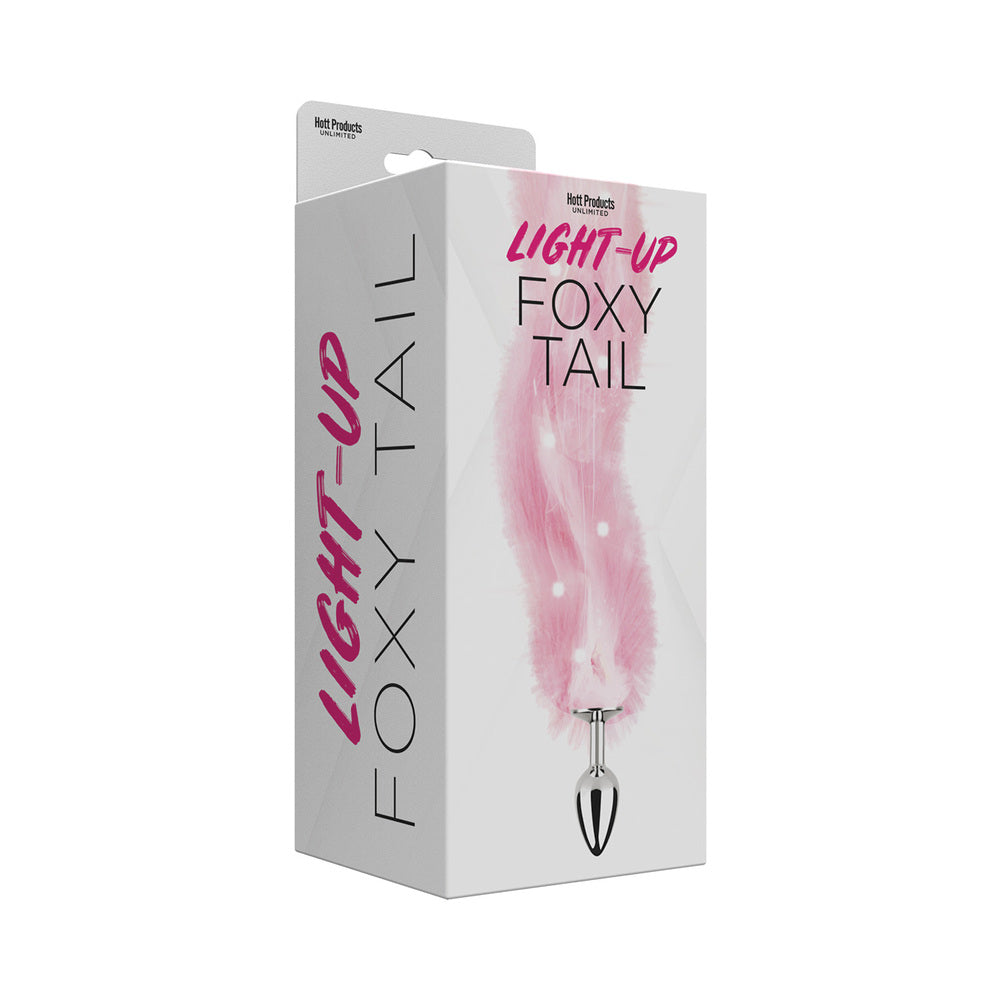 Foxy Tail Light Up Faux Fur Butt Plug With Multicolored Light Pattern Pink Pink Light-Up Foxy Tail plug in white retail box