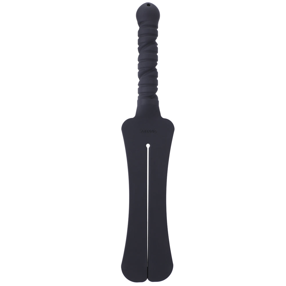 Tantus Trip 2 Tawse Dildo Paddle Whip (Bag) Upright black Tantus Trip 2 paddle with two broad tail panels