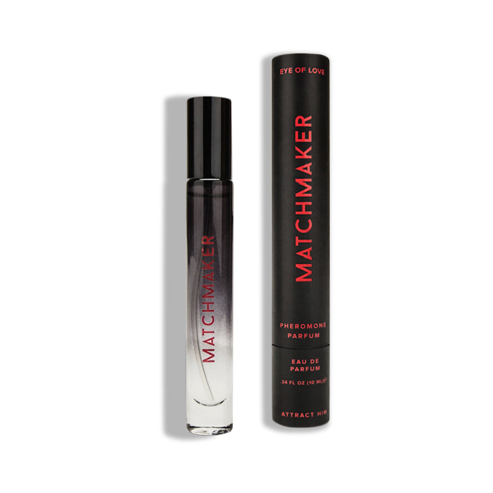 Eye of Love Matchmaker Black Diamond Attract Him LGBTQ Pheromone Parfum 10 ml Attract Him 10 ml black roll-on beside red-lettered Matchmaker carton