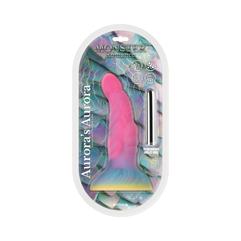 Monster Romance Auroras Aura Dildo with Multi-Speed Bullet Monster Romance Auroras Aura multicolor dildo and silver bullet in clear package
