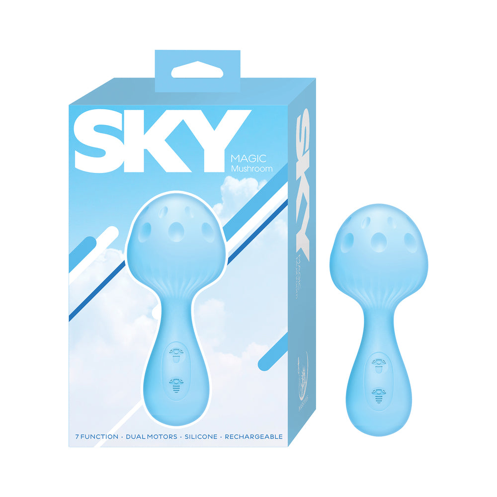 Sky Magic Mushroom Blue Nasstoys Sky Magic Mushroom blue massager beside the blue retail box